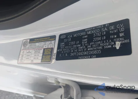 2019 Kia Forte Lxs из США, поврежденный, VIN 3KPF24AD9KE049835